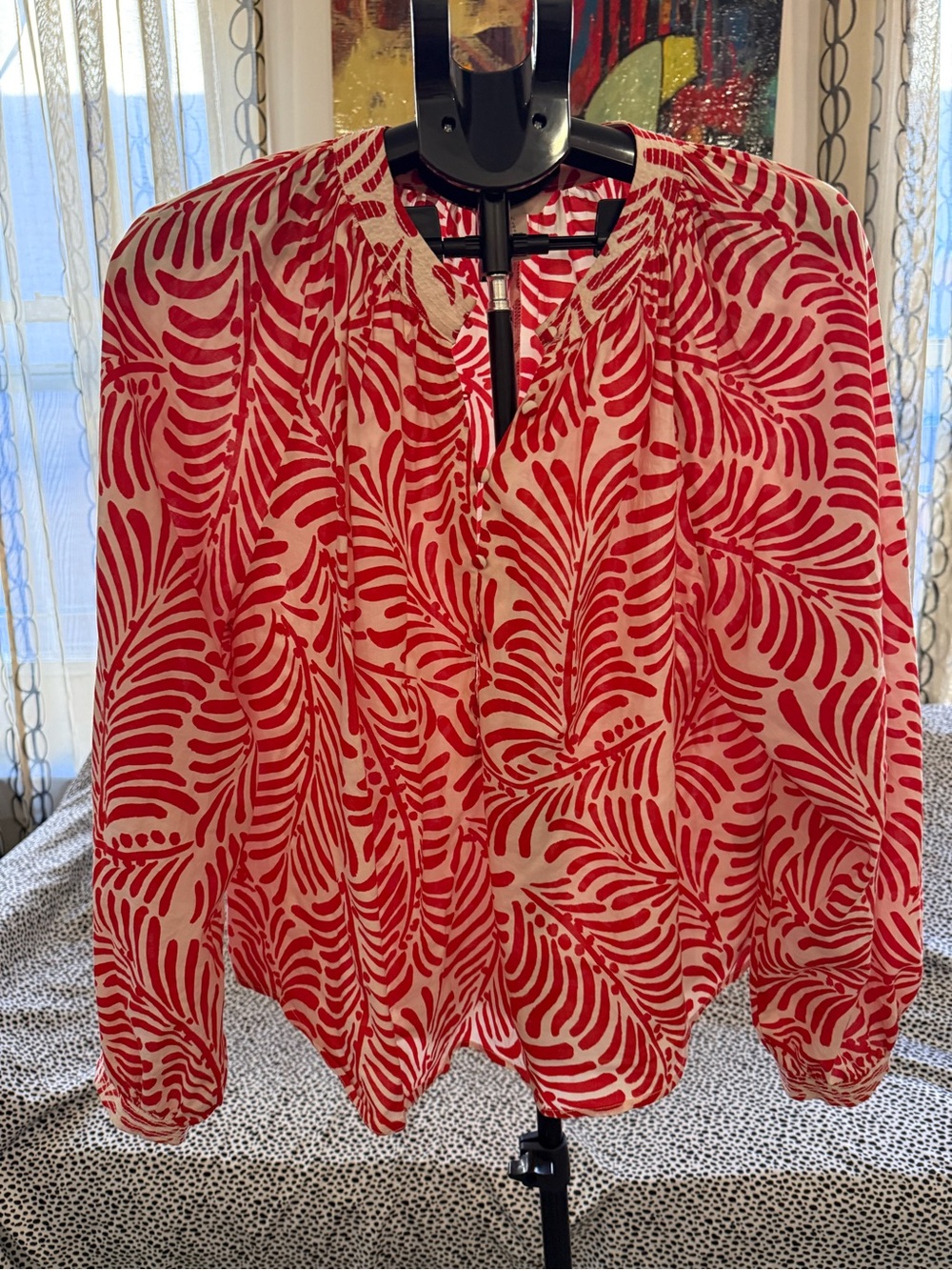 H&M Red and White Printed Long-Sleeve Blouse